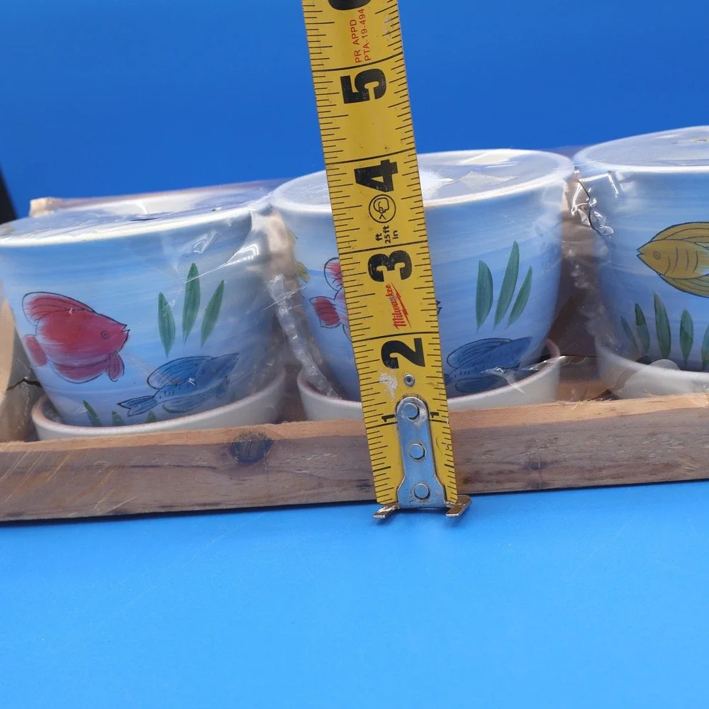 Set of 3 Ceramic Planters Pots Decorative Fish Design with Wooden Tray